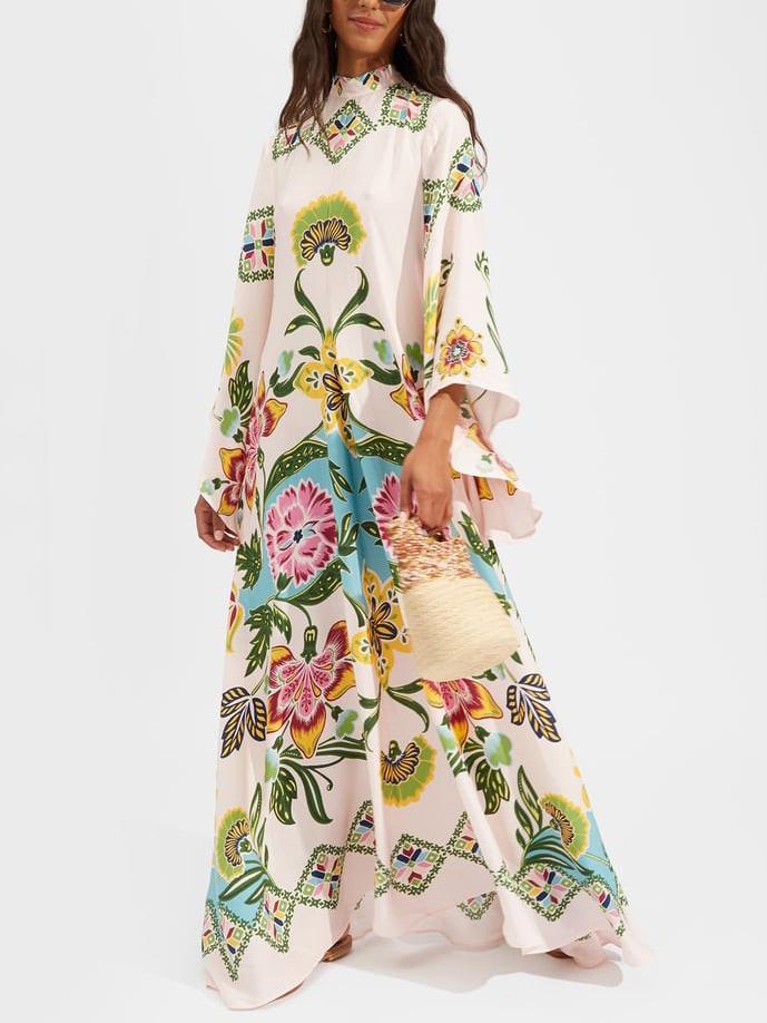 Abito maxi donna floreale elegante con manica lunga e scollo alto, ideale per cerimonie.