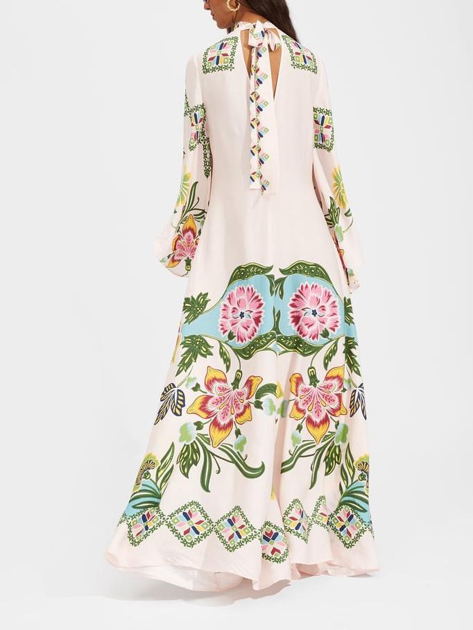Vestito elegante maxi da donna con stampa floreale, manica lunga e collo alto, per un look sofisticato.