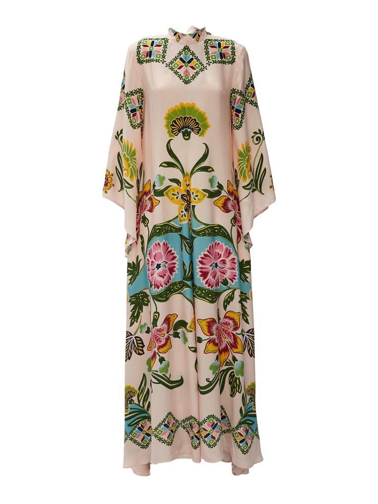 Abito floreale donna, linea maxi, scollo alto e maniche lunghe. Perfetto per moda femminile e eventi speciali.
