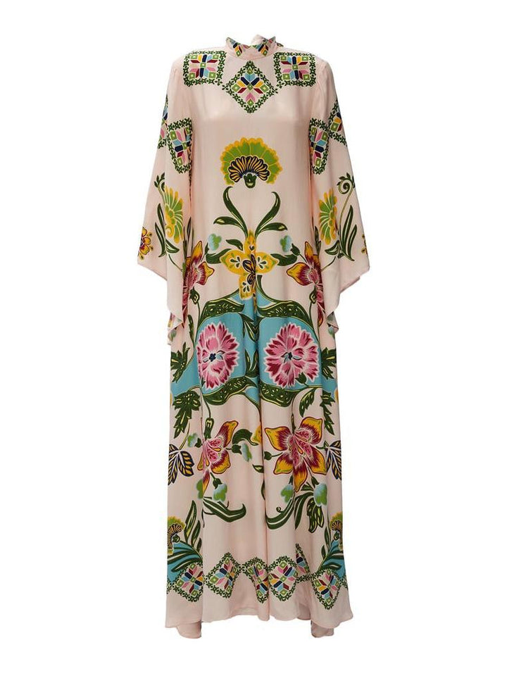 Abito floreale donna, linea maxi, scollo alto e maniche lunghe. Perfetto per moda femminile e eventi speciali.