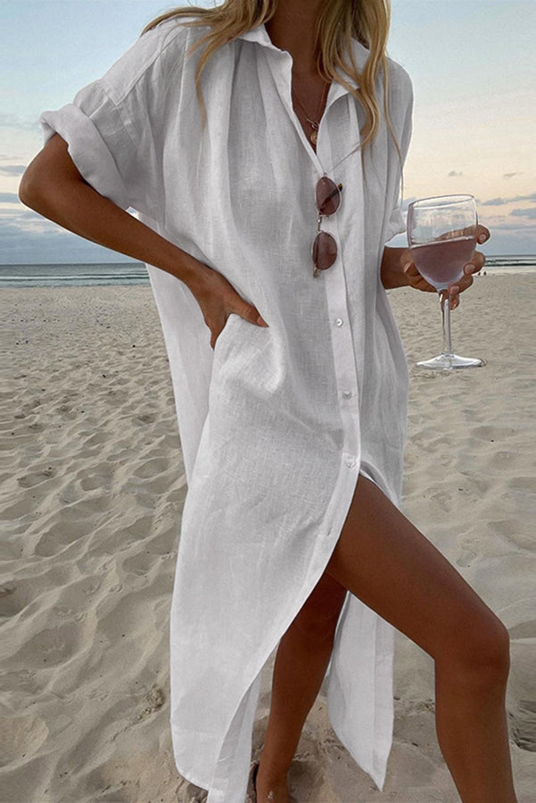 Vestito chemisier midi donna bianco rilassato. Perfetto per moda estiva, look casual e tempo libero. Fresco e versatile.