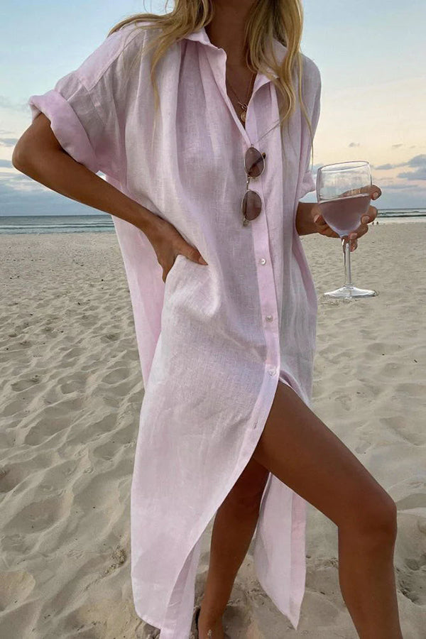 Abito chemisier midi donna rosa con maniche arrotolabili e spacco laterale. Ideale per un look estivo e confortevole.