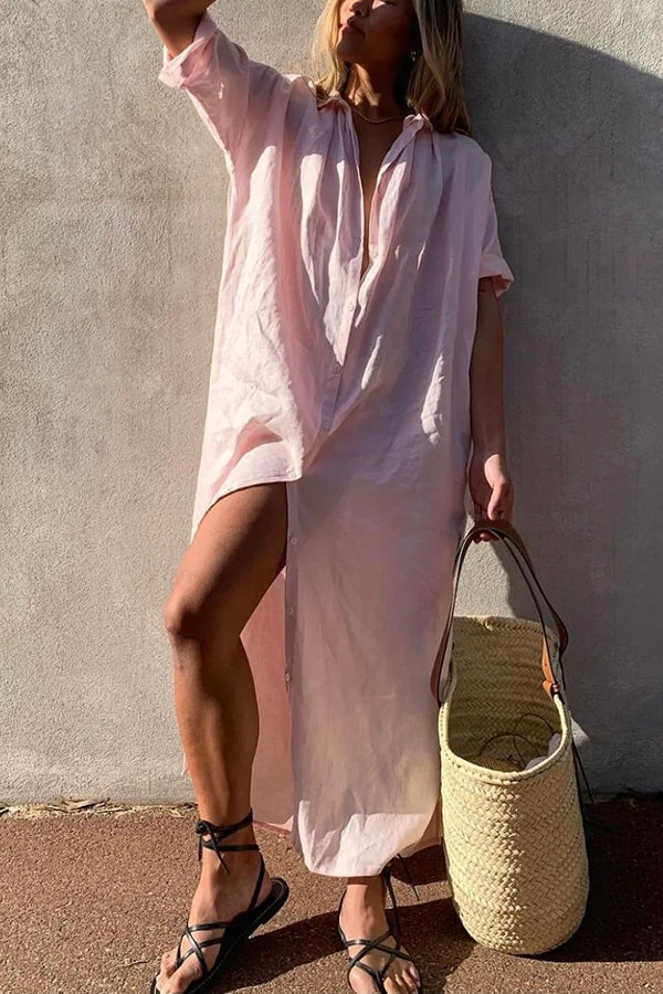 Vestito midi chemisier rilassato bianco per donna. Stile fresco e casual per la moda estiva. Abito versatile.
