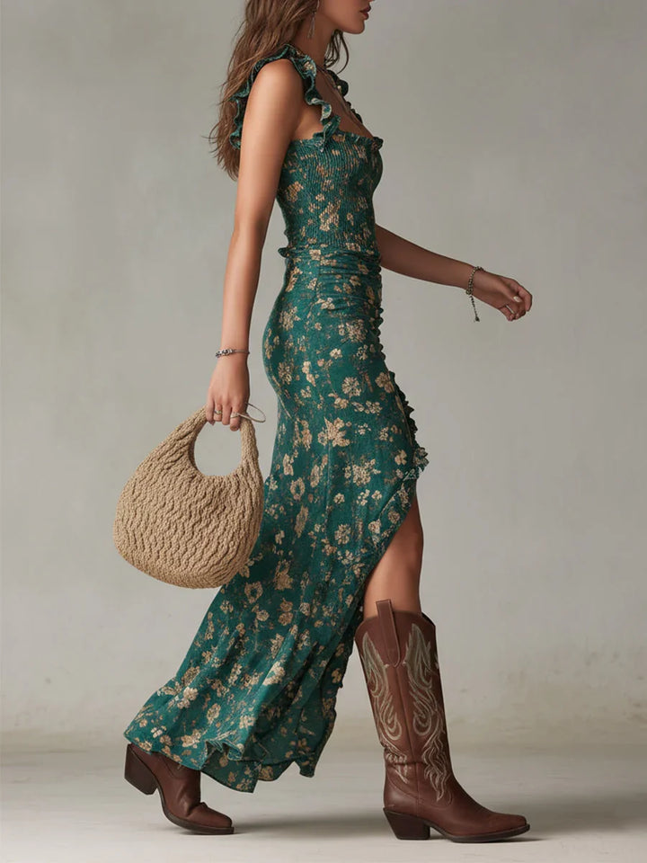 Maxi vestito floreale da donna con spacco, perfetto per invitata matrimonio autunnale. Stile elegante e femminile.