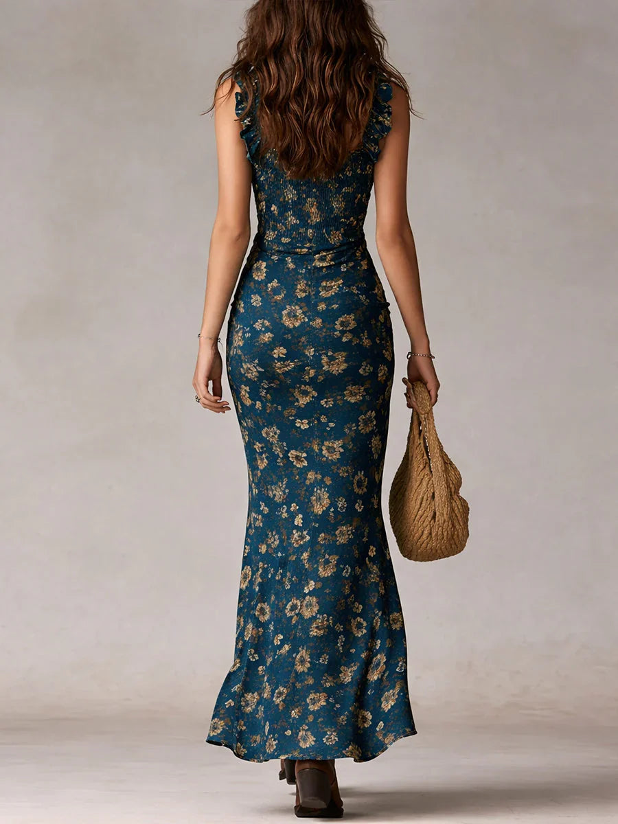 Elegante vestito blu notte floreale con spacco laterale. Maxi abito donna per matrimoni, cerimonie o serate speciali.