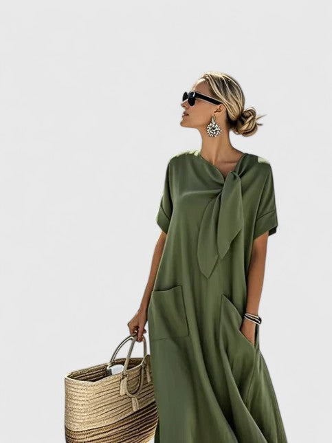 Abito midi donna primavera, fluido e leggero, perfetto per un look casual chic o elegante senza sforzo.