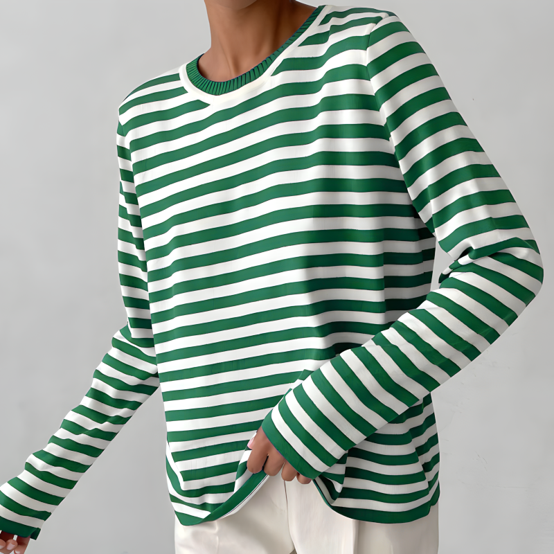 Felpa donna verde a righe, maniche lunghe. Top casual girocollo per uno stile fresco e abbigliamento comodo.