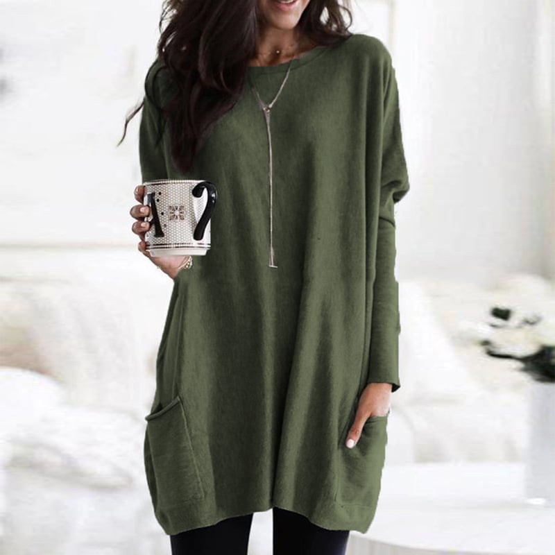 Abito oversize donna casual a maniche lunghe e scollo rotondo, vestibilità comoda, ideale per autunno/inverno.