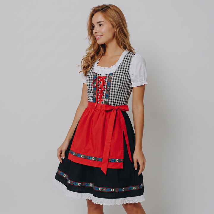 Dirndl donna midi a quadretti, ideale per Oktoberfest. Include foulard coordinato, autentica moda bavarese.