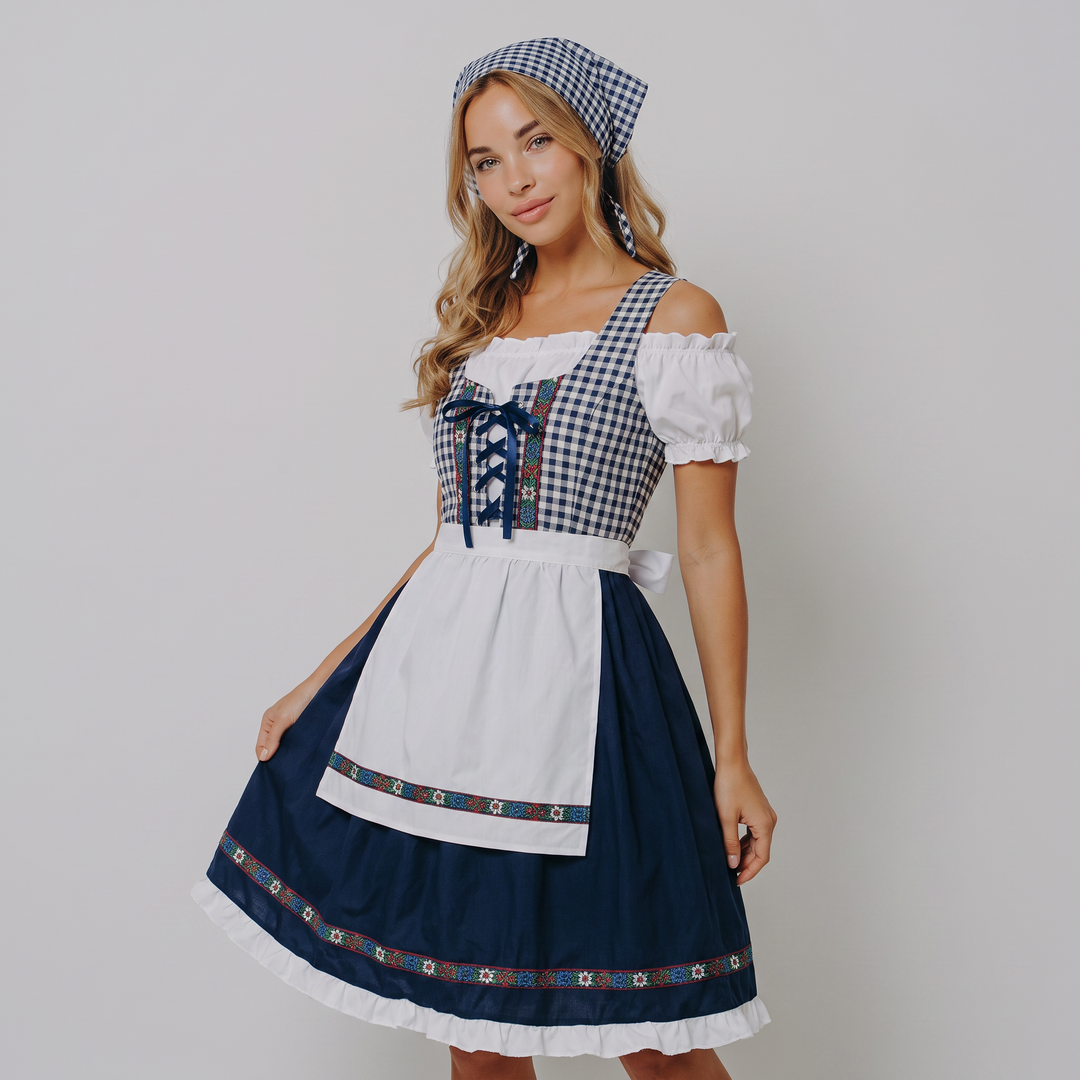 Completo festa Dirndl donna a quadretti con foulard coordinato. Perfetto abito tradizionale per Oktoberfest.