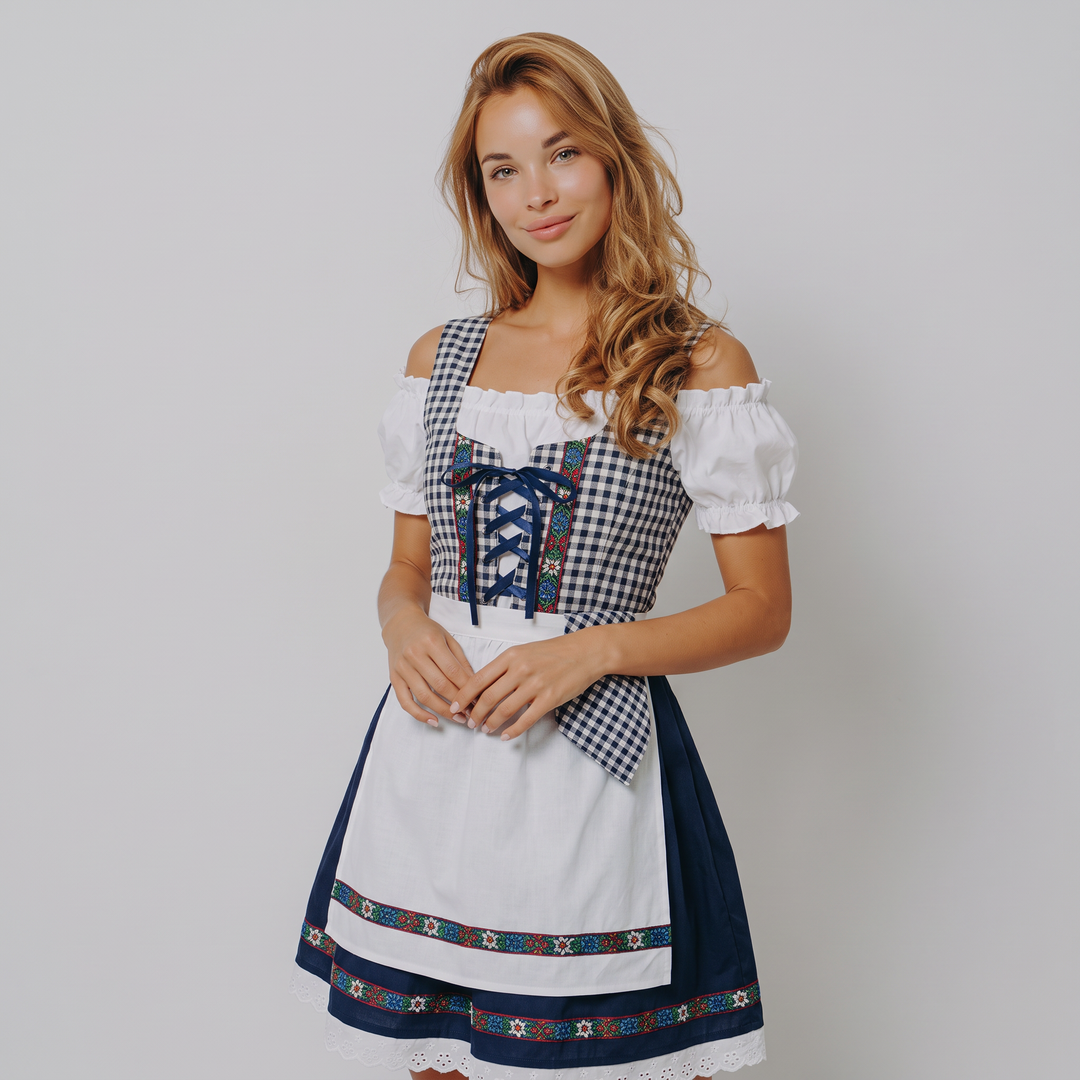 Vestito a quadretti Dirndl donna per Oktoberfest, con foulard coordinato. Costume tradizionale bavarese.