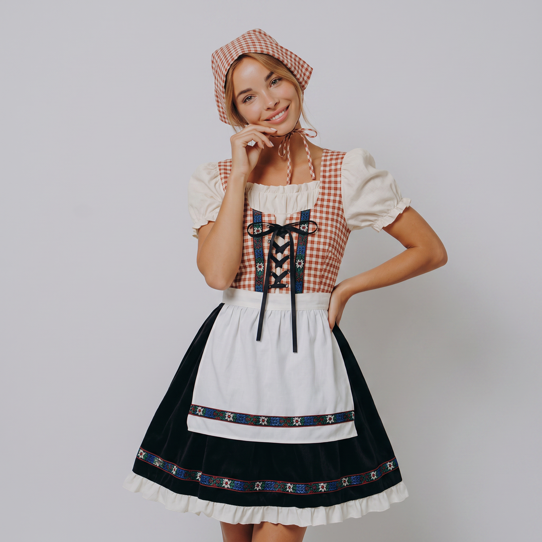 Elegante Dirndl donna a quadretti, completo di foulard coordinato. Per un indimenticabile Oktoberfest.