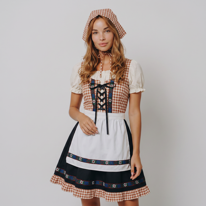 Abito tradizionale Dirndl donna midi a quadretti con foulard. Stile bavarese per l'Oktoberfest.