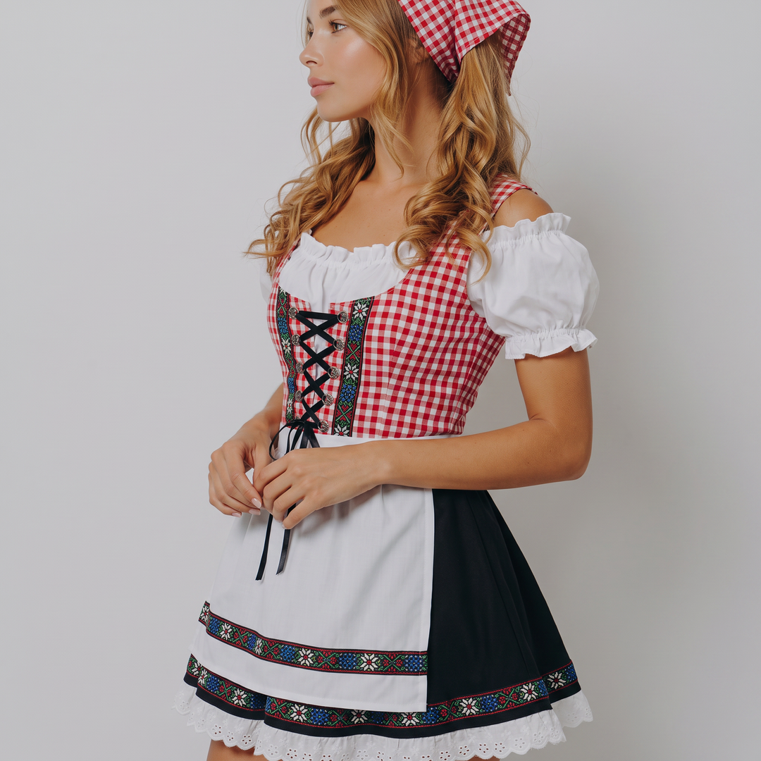 Autentico Dirndl donna midi a quadretti con foulard coordinato. Perfetto per celebrazioni Oktoberfest.