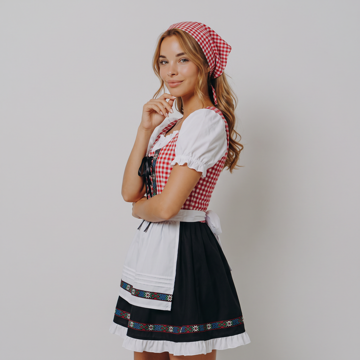 Dirndl donna in stile bavarese a quadretti con foulard. L'eleganza tradizionale per l'Oktoberfest.