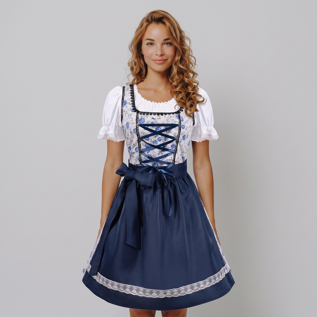 Dirndl floreale blu da donna, set 2 pezzi, per Oktoberfest. Abito tradizionale tedesco con ricami.