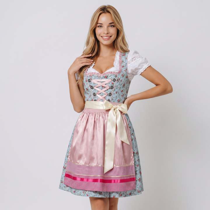 Dirndl donna festivo per Oktoberfest, set completo con abito bavarese midi, blusa di pizzo e grembiule.