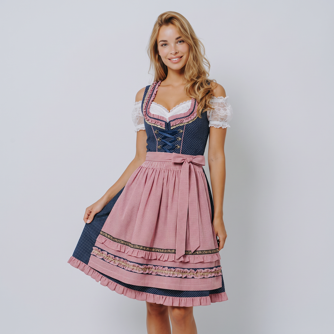 Elegante set Dirndl donna 3 pezzi: vestito tradizionale midi, blusa in pizzo e grembiule coordinato per Oktoberfest.