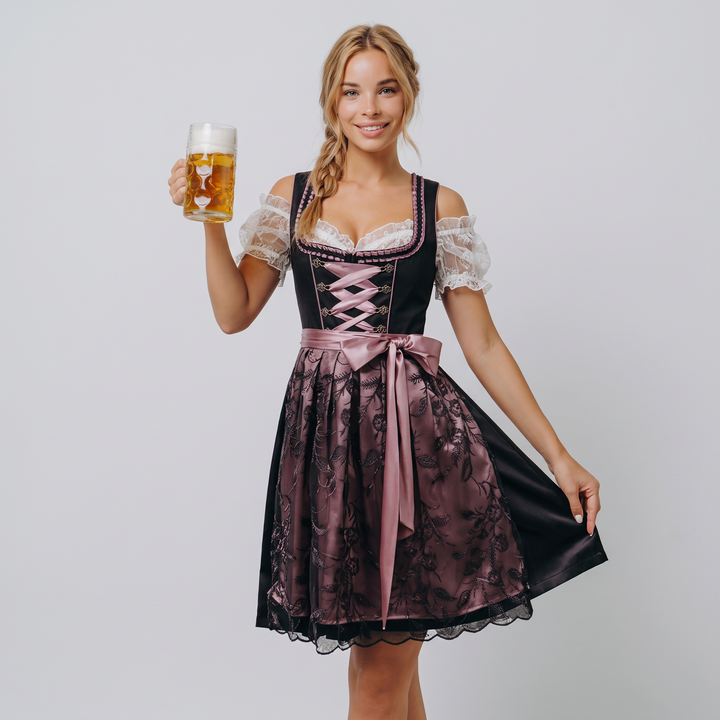 Dirndl donna completo midi per Oktoberfest, con blusa in pizzo e grembiule. Abito tradizionale bavarese da festa.