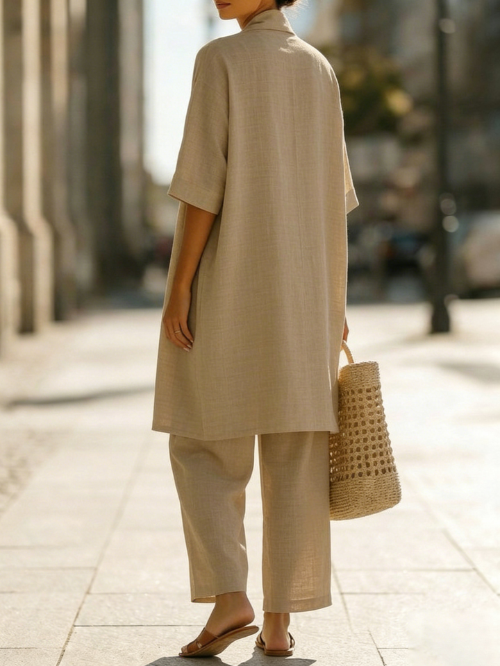 Moda donna: completo versatile tre pezzi in lino e cotone, per outfit casual o eleganti.