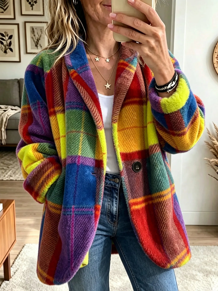 Cappotto donna a quadri con bottoni, elegante e confortevole per stile autunno/inverno.