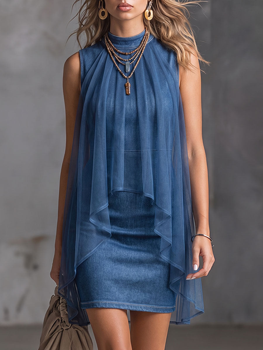 Abito donna elegante blu senza maniche con raffinati dettagli in chiffon, ideale per look da sera o eventi chic.