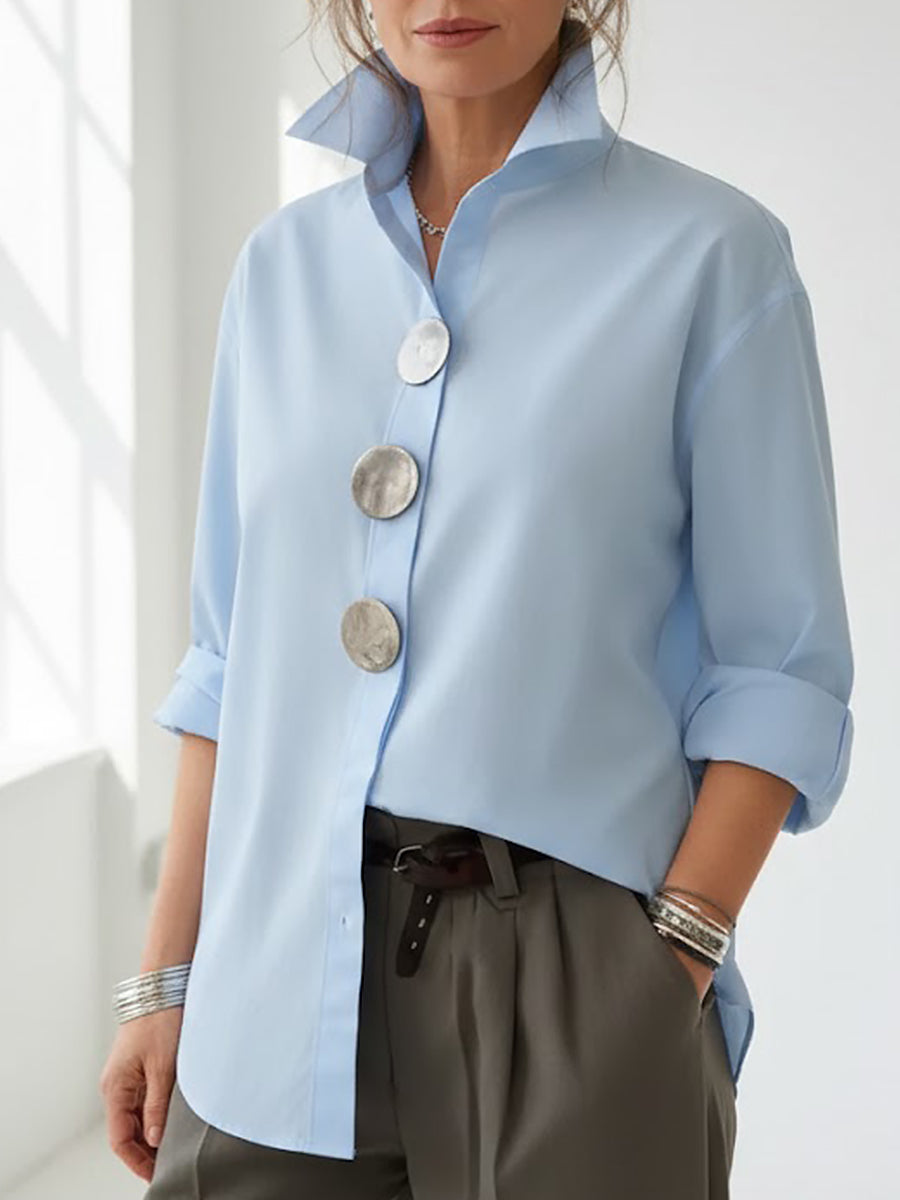 Top donna elegante in lino, collo coreano. Blusa casual chic per comfort quotidiano e moda femminile.