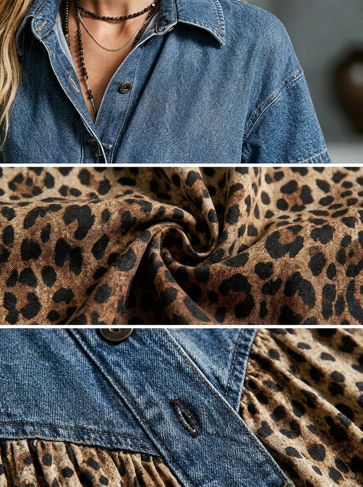 Abito donna fluido in denim patchwork e stampa leopardata. Design moderno per moda donna casual ed elegante.