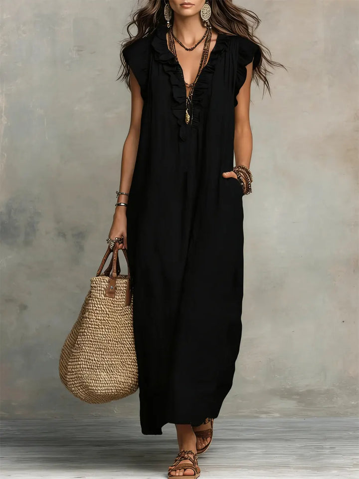 Abito casual estivo da donna con volant, realizzato in traspirante cotone e lino, un must-have comodo.
