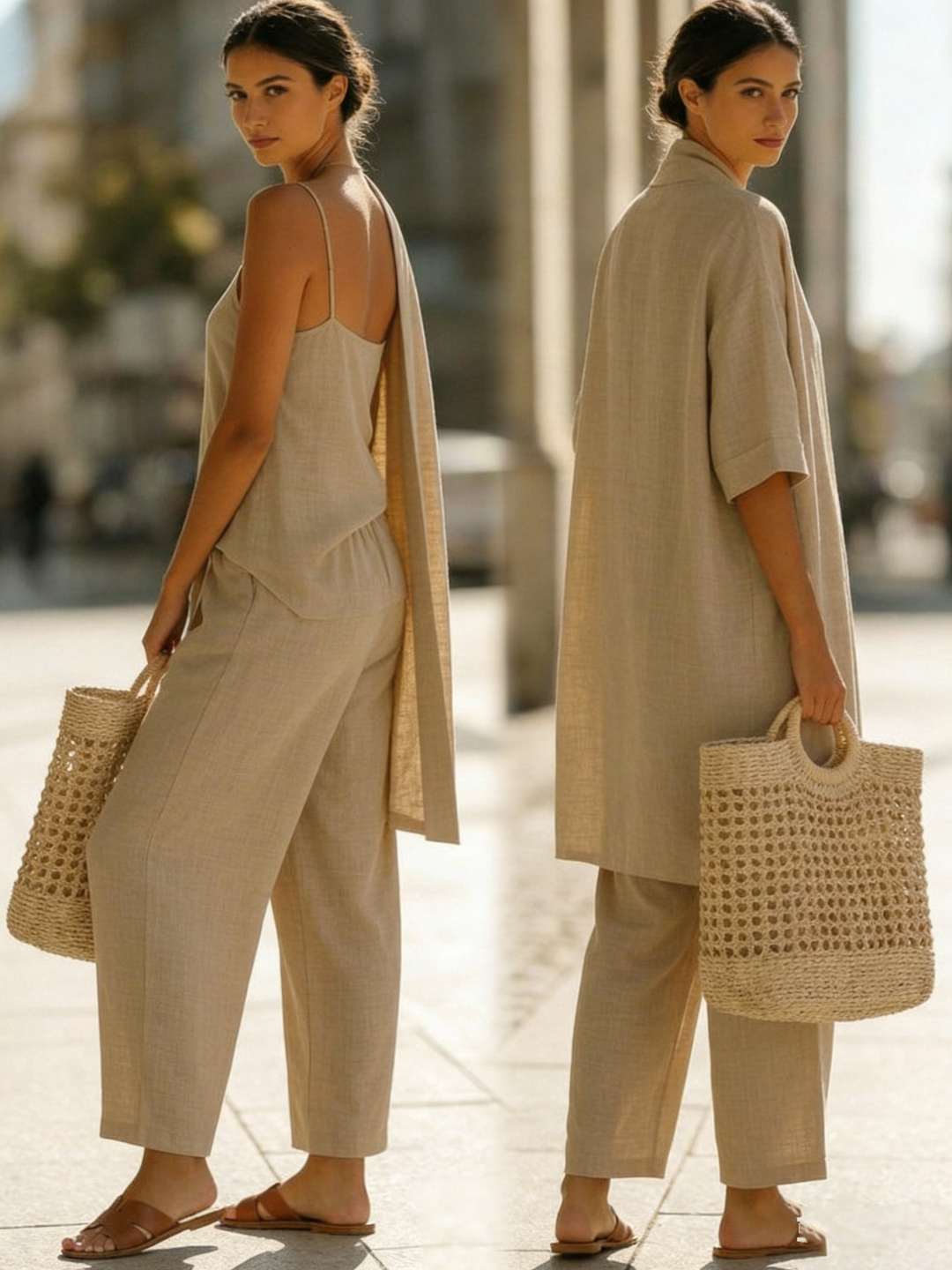 Elegante completo donna tre pezzi in lino e cotone, ideale per un look sofisticato estivo.