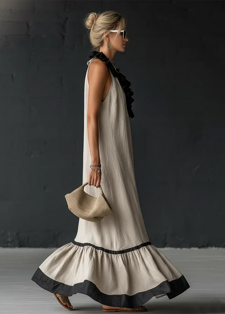 Abito donna lungo e fluido con volant chic, vestito estivo traspirante in cotone lino per ogni occasione.