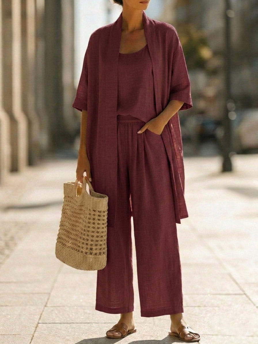 Set completo donna in lino e cotone, tre pezzi, perfetto per la moda estiva e il comfort.