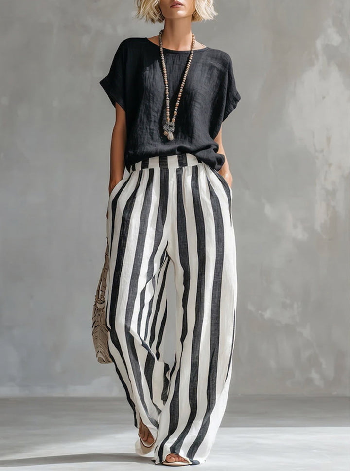 Completo estivo donna elegante casual a righe, in fresco cotone e lino. Ideale per un outfit versatile.