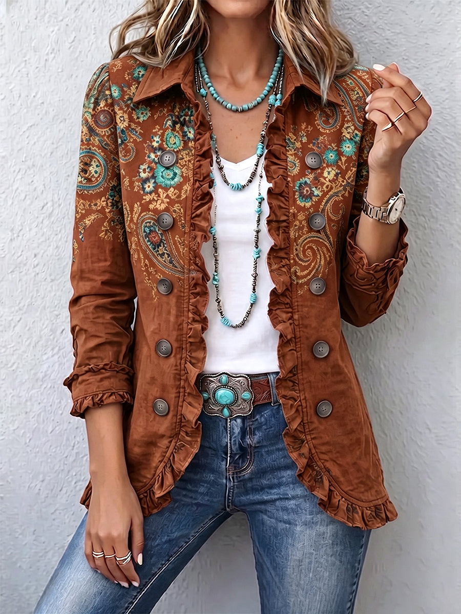 Giacca vintage bohème da donna con maniche a volant e stampa paisley colorata. Stile casual per ogni occasione.