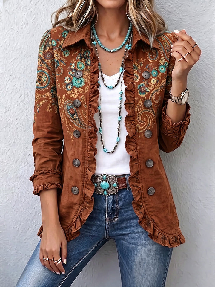 Giacca vintage bohème da donna con maniche a volant e stampa paisley colorata. Stile casual per ogni occasione.