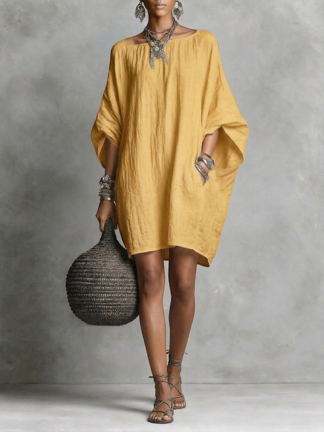 Elegante abito da donna in cotone e lino, stile casual, leggero e perfetto per primavera/estate.