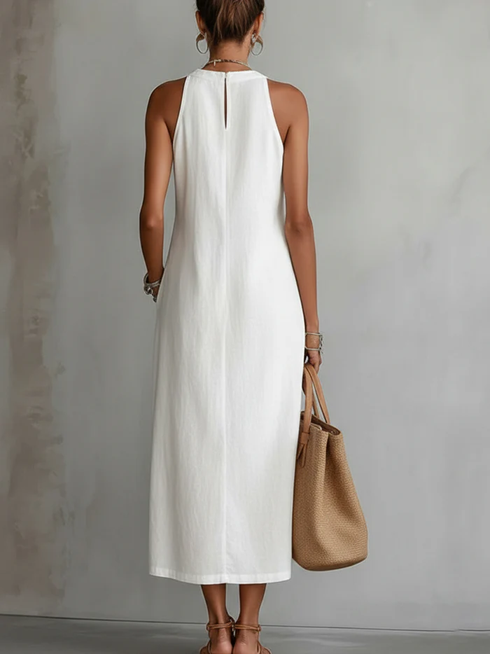 Vestito midi estivo da donna, leggero e fluido, con collo mao, per massimo comfort in estate.