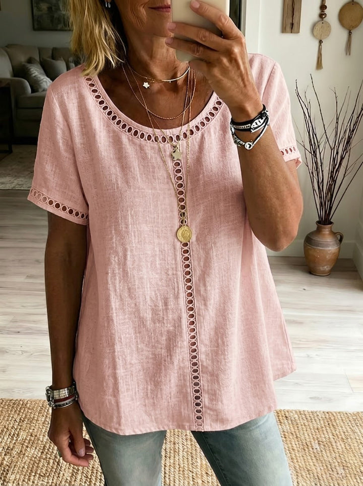Top donna estivo patchwork traforato, abbigliamento casual elegante per moda femminile.