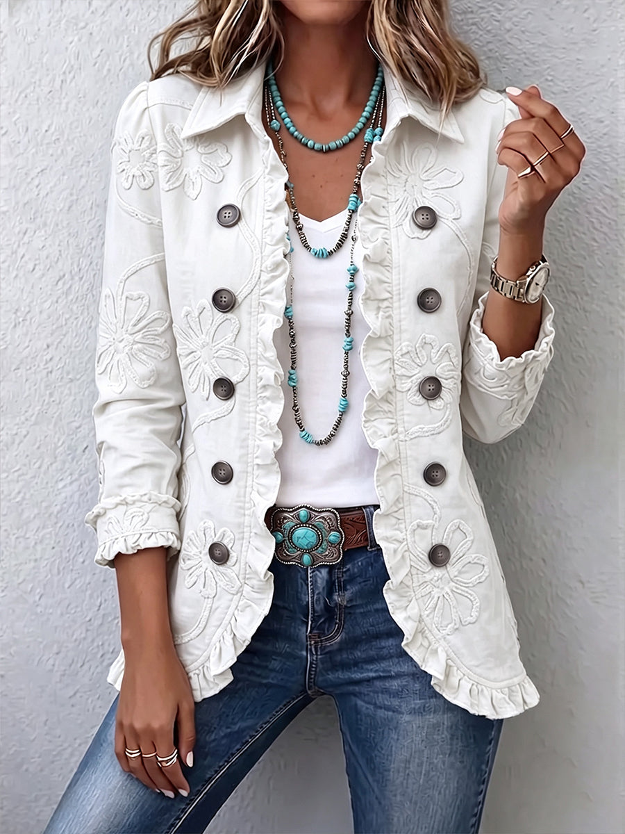 Giacca donna ricamata con volant e bottoni, design chic e versatile. Disponibile in verde oliva e bianco, per ogni occasione.