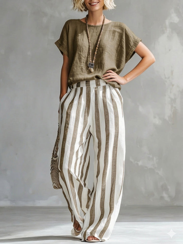 Set donna estivo a righe in cotone e lino. Outfit comodo ed elegante casual per ogni occasione.