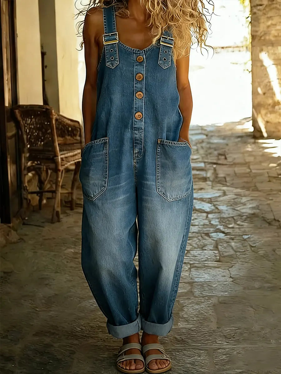 Tuta casual da donna in denim, salopette estiva con bretelle regolabili e gamba larga per massimo comfort.