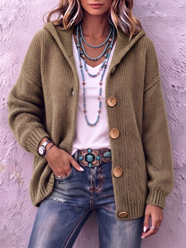 Moda donna: cardigan con cappuccio e bottoni, perfetto per look casual autunno/inverno. Maglia calda e versatile.