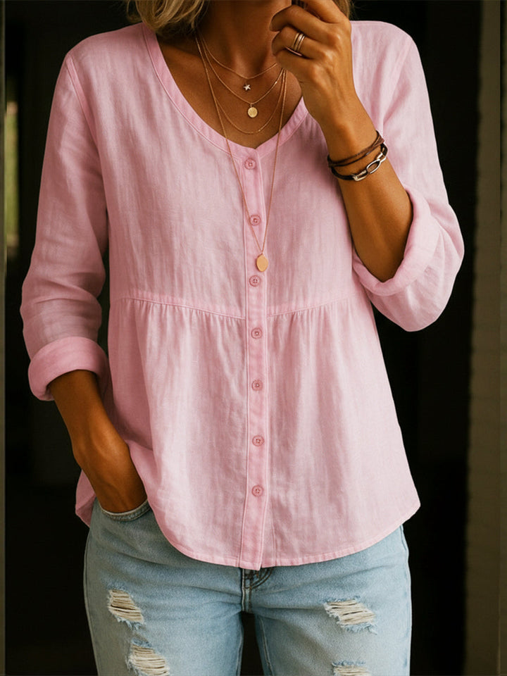 Camicia donna ampia casual, maniche 3/4, scollo rotondo. Blusa comoda ed elegante, perfetta per ogni giorno.