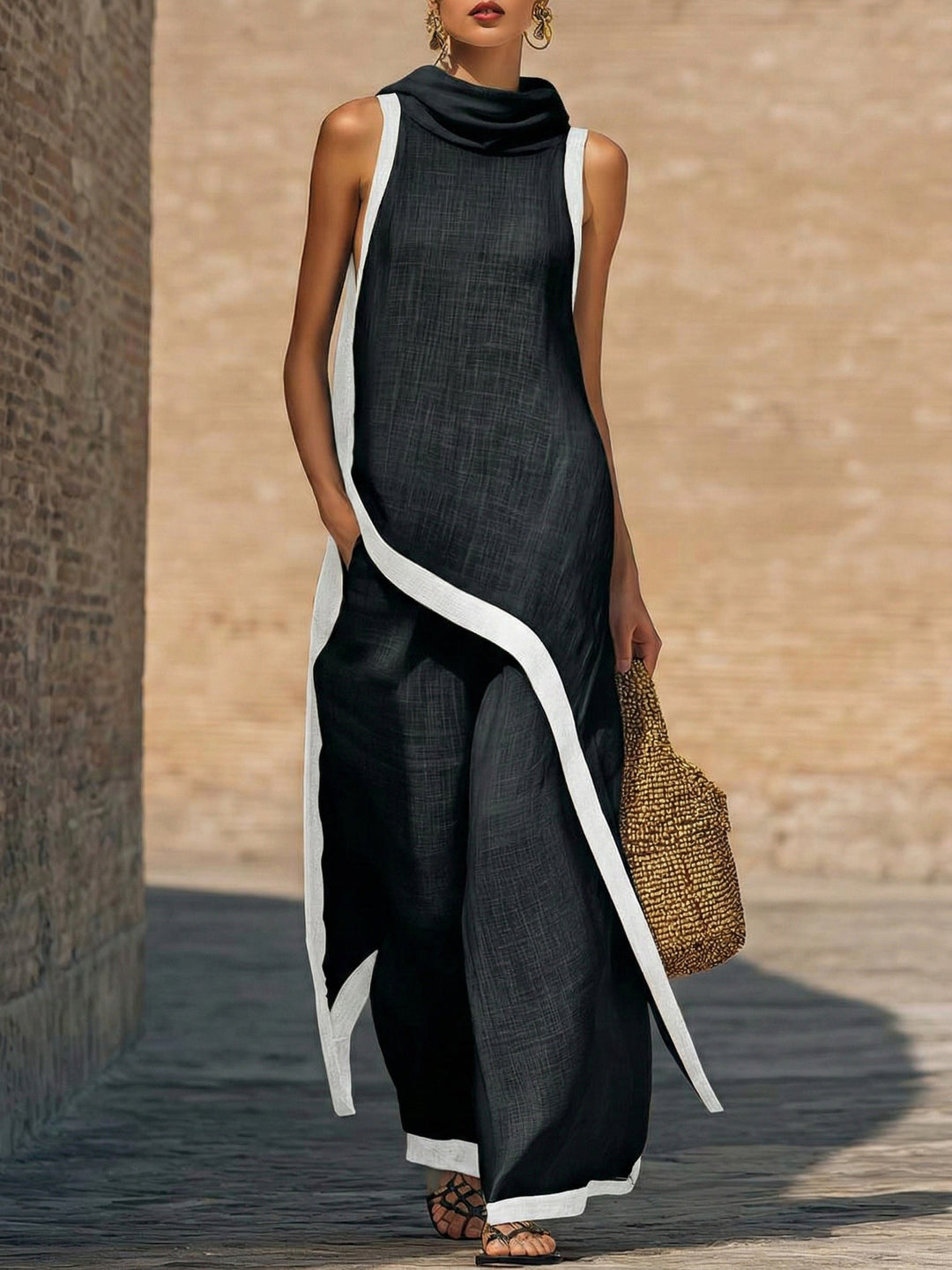 Set donna in lino e cotone, comodo ed elegante, con finiture artistiche, un must per la moda estiva.