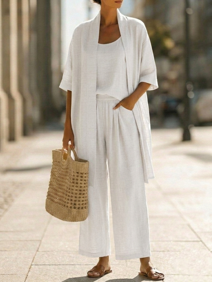 Completo estivo donna tre pezzi in lino e cotone, moda casual ed elegante per ogni occasione.