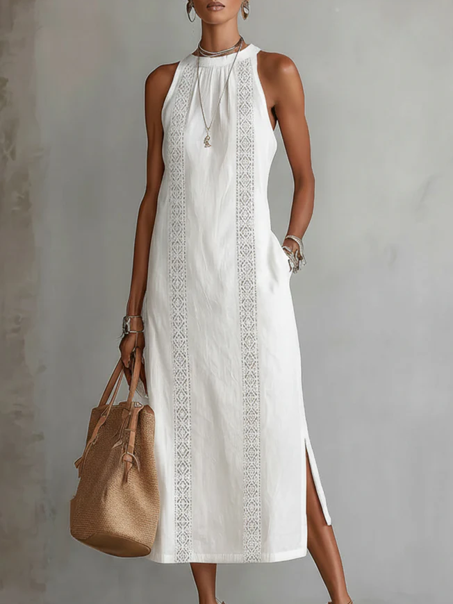 Vestito estivo midi casual elegante con collo mao per donna, ideale per vacanze e look femminile.