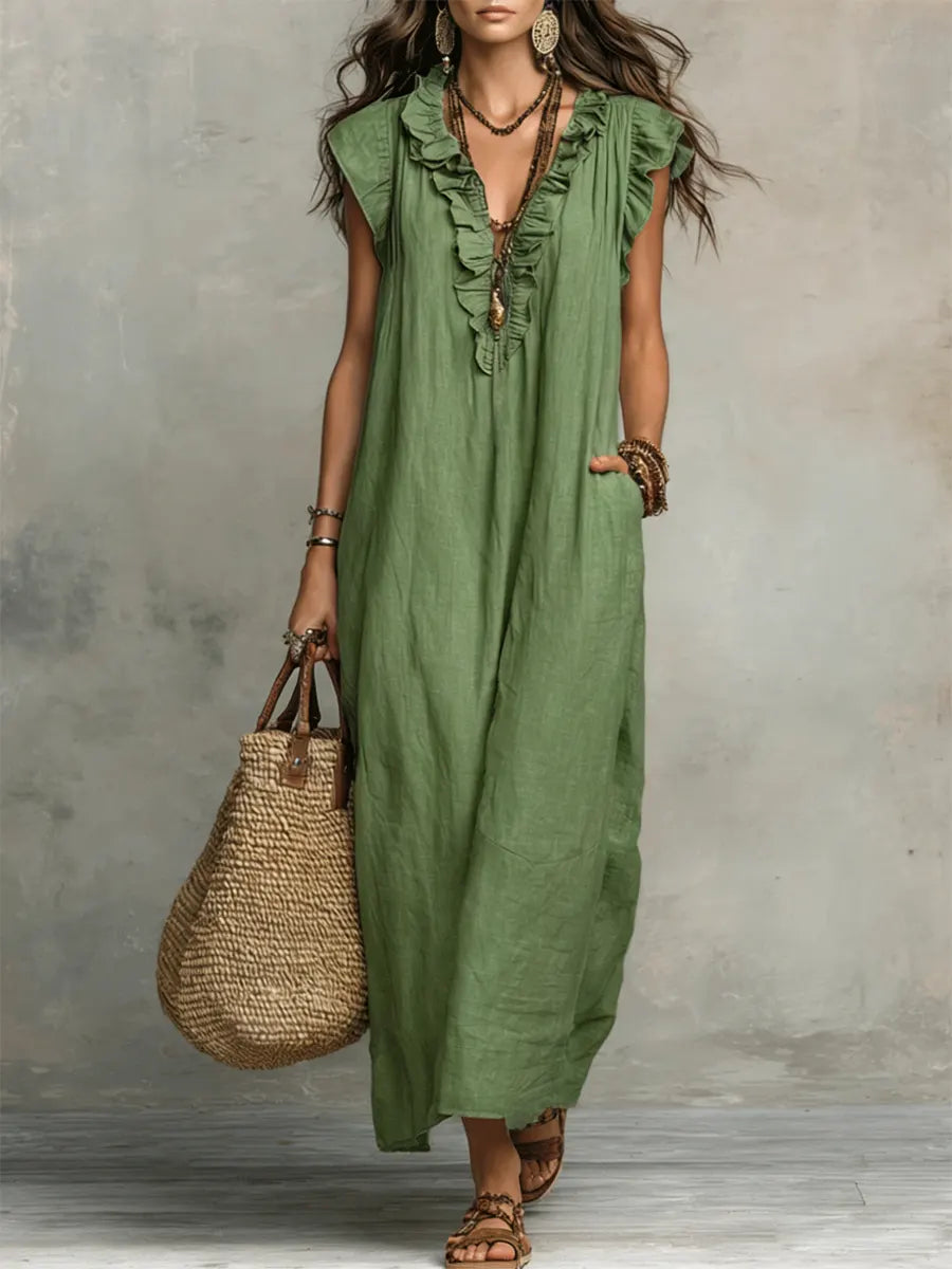 Abito casual da donna in cotone e lino con volant, perfetto per l'estate.
