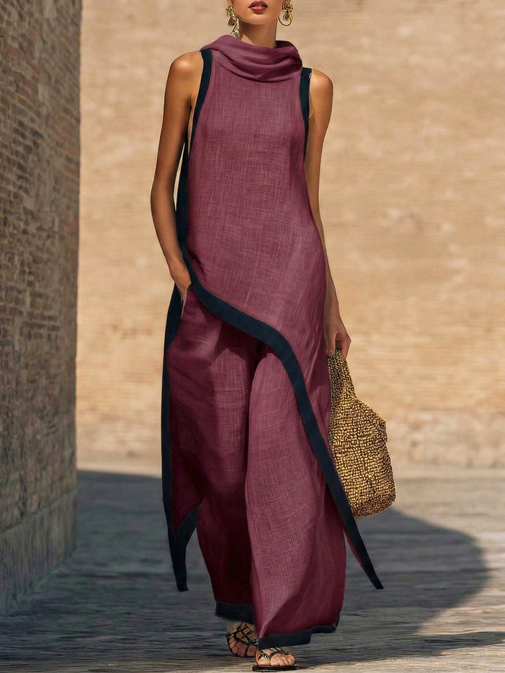 Abbigliamento donna: completo raffinato in lino e cotone con dettagli artistici per un'eleganza senza tempo.