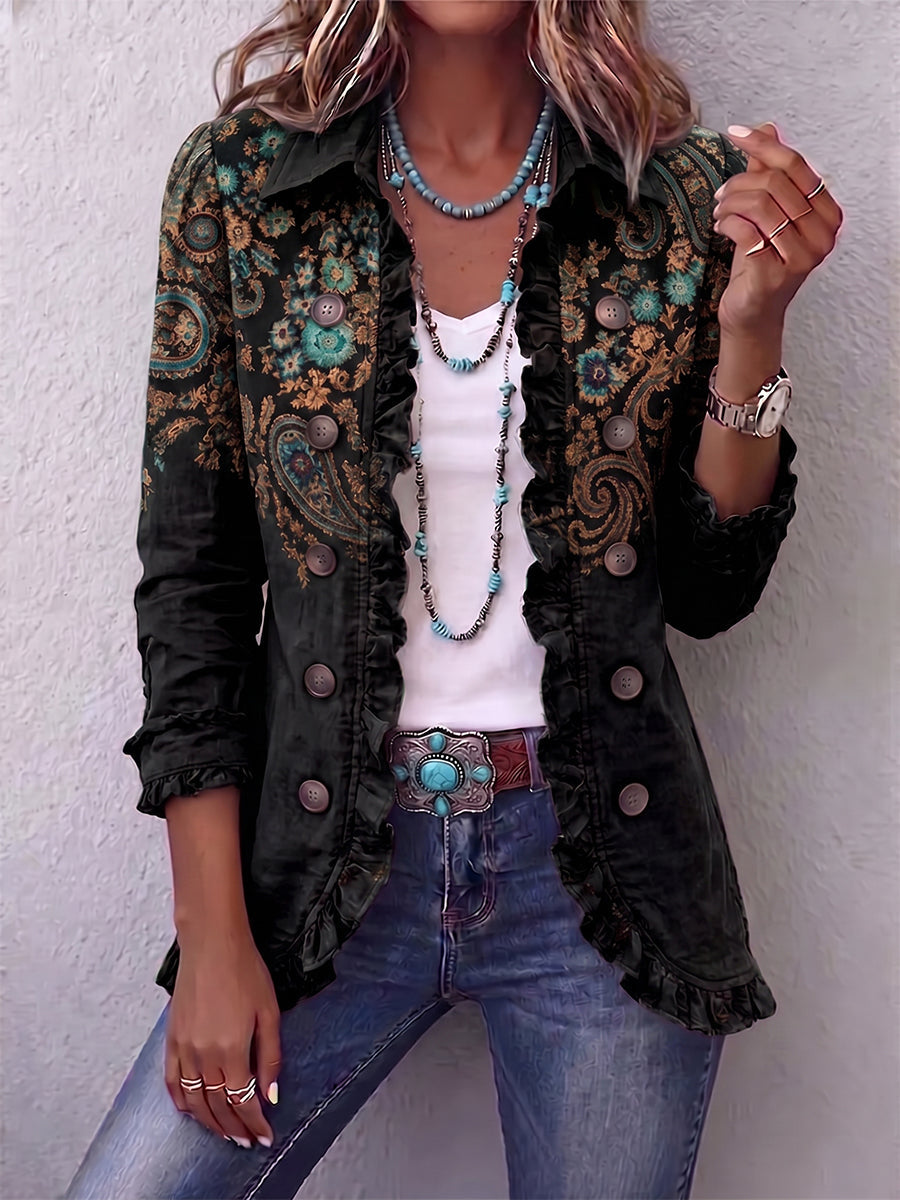 Elegante giacca bohème da donna con dettagli volant e vivace motivo paisley. Ideale per la moda autunnale.