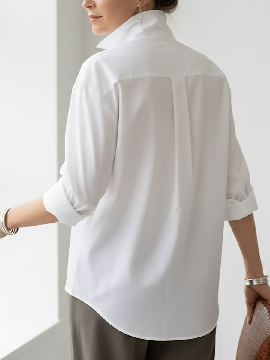 Blusa in lino per donna, con collo coreano e maniche lunghe. Design versatile per un look curato.